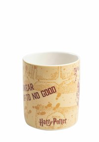 Tazza in ceramica di colore crema, decorata con una combinazione di testo marrone e illustrazioni, inclusa la frase "Dichiaro solennemente di essere up to no good."