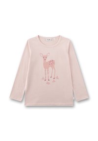 Hellrosa langärmliges Kinderhemd mit rundem Ausschnitt, vorne mit einem stilisierten Reh und kleinen Blumenmustern.
