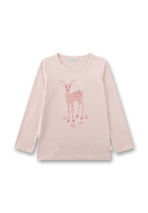 Hellrosa langärmliges Kinderhemd mit rundem Ausschnitt, vorne mit einem stilisierten Reh und kleinen Blumenmustern.