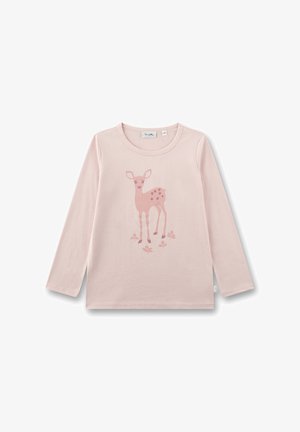 Hellrosa langärmliges Kinderhemd mit rundem Ausschnitt, vorne mit einem stilisierten Reh und kleinen Blumenmustern.