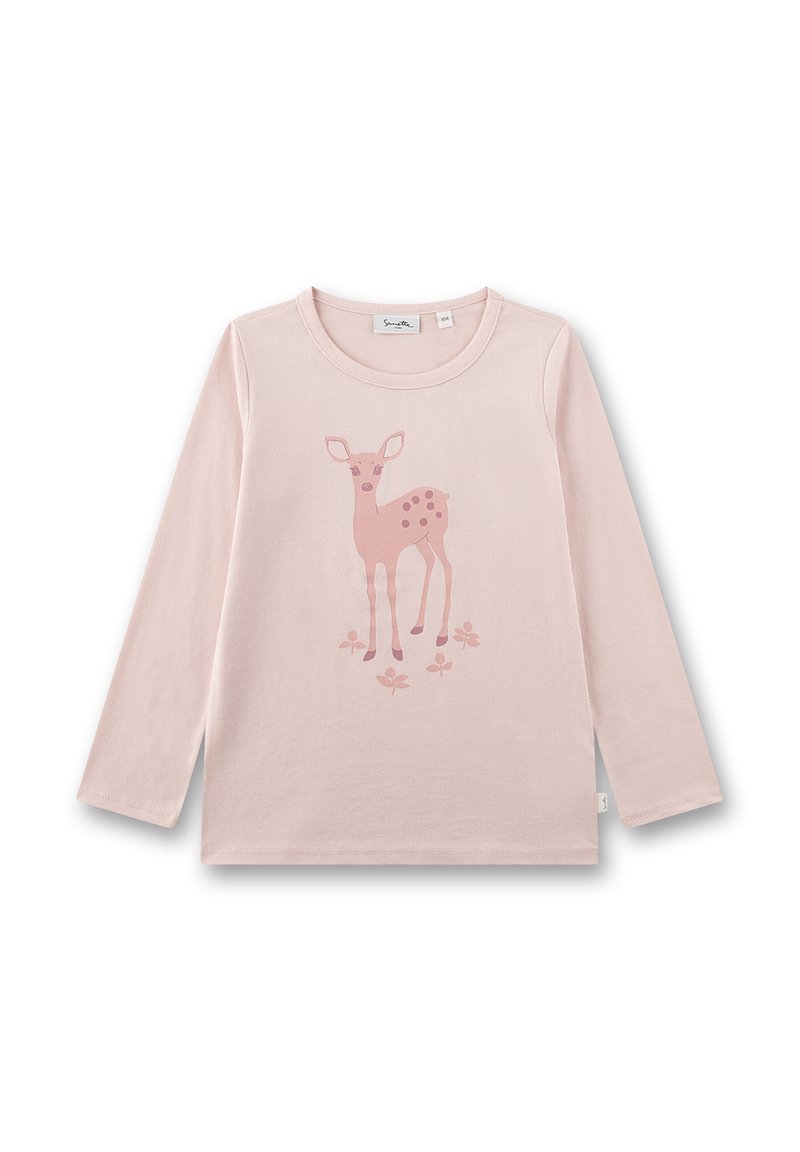 Hellrosa langärmliges Kinderhemd mit rundem Ausschnitt, vorne mit einem stilisierten Reh und kleinen Blumenmustern.