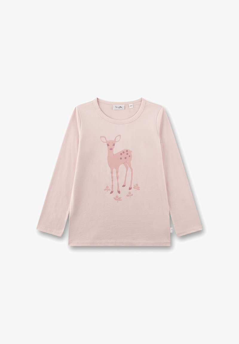Hellrosa langärmliges Kinderhemd mit rundem Ausschnitt, vorne mit einem stilisierten Reh und kleinen Blumenmustern.