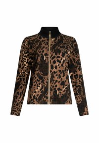 Veste zippée à manches longues imprimée léopard marron et noir avec un col montant noir, ornée d'un petit logo doré sur la poitrine.