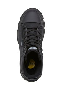 Black high-top sneaker featuring a textured fabric upper, rubber toe cap, metal eyelets, and flat laces. Gold insole logo visible.