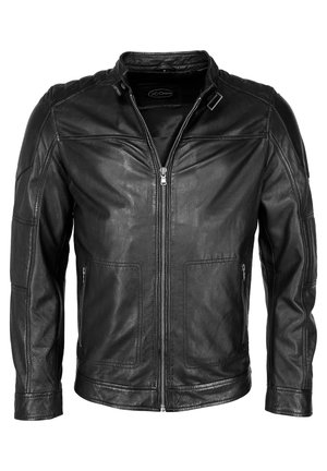 Schwarze Lederjacke mit Reißverschluss vorne, Stehkragen, Schulterakzenten und zwei Fronttaschen aus glattem Material und tailliertem Schnitt.