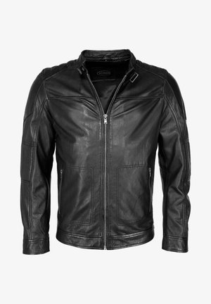 Musta nahkatakki, jossa on vetoketjuilta etu, pystykaulus, olkapäät sekä kaksi etutaskua, jotka ovat sileät ja hyvin istuvat.