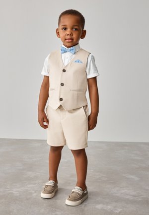 Jeune garçon portant un gilet beige et un short, une chemise blanche à manches courtes, un nœud papillon bleu à motifs et un mouchoir de poche, debout sur un sol gris.