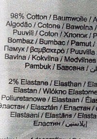 White fabric care label with black text detailing material composition: 98% cotton and 2% elastane, presented in multiple languages.