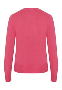 Sudadera de punto rosa con mangas largas, dobladillo acanalado y cuello redondo, que presenta una textura suave y un color sólido sin patrones.