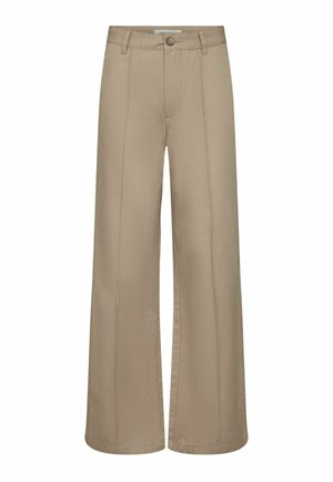 Beige wijde broek met voornaad, riemlussen en een knoopsluiting in de taille.