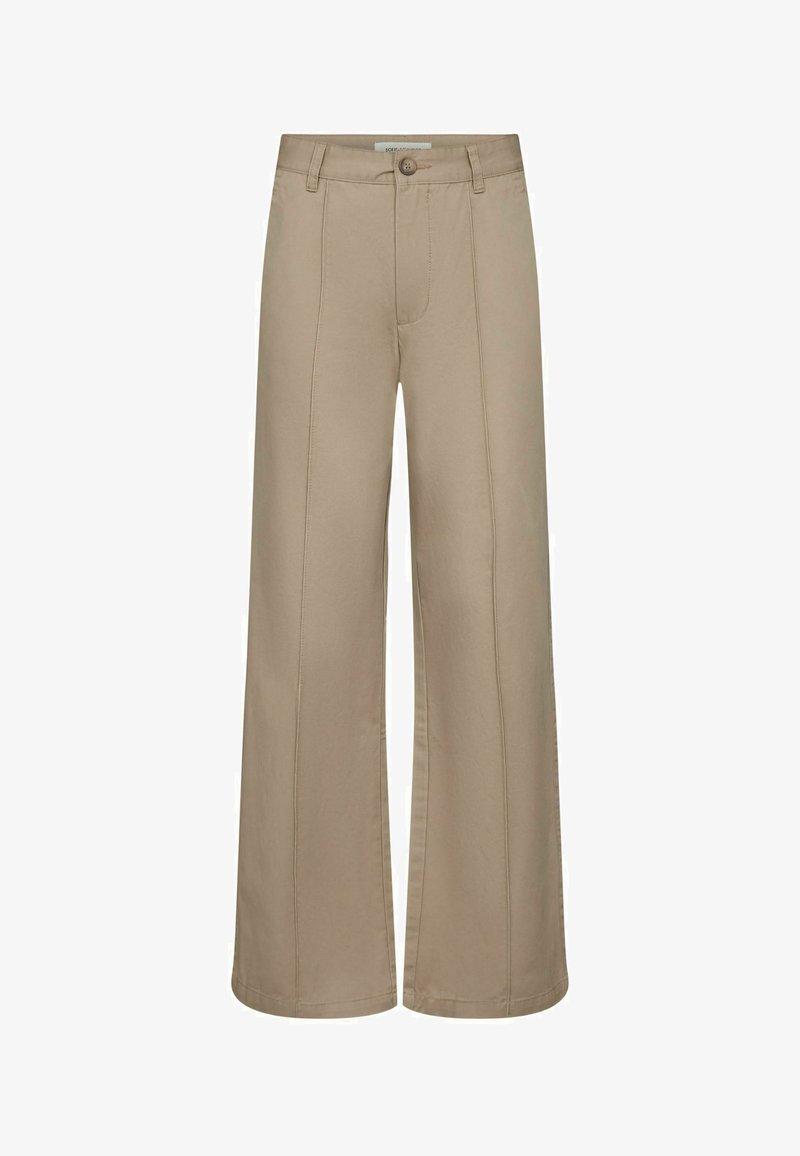 Beige platās kājas bikses ar priekšējiem šuvēm, jostu cilpām un pogu aizdari jostasvietā.