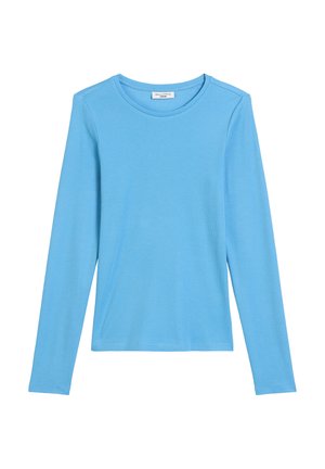Long-sleeve blue cotton top with a crew neckline and a smooth texture. Simple design, no patterns or embellishments.