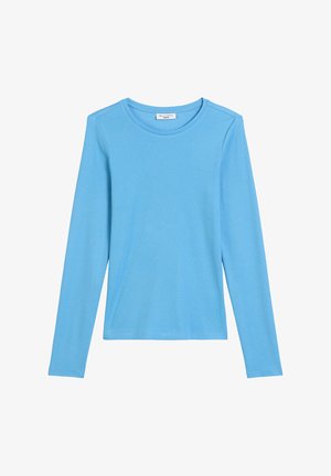Niebieski bawełniany top z długim rękawem i okrągłym dekoltem o gładkiej fakturze. Prosty design, bez wzorów czy ozdób.