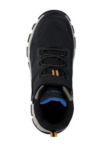 Black hiking shoe with a mesh and synthetic upper, featuring gray accents, blue lining, black laces, and a pull tab with yellow detailing.
