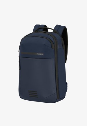 Zaino Samsonite blu con una texture liscia, tasca frontale con zip, spallacci regolabili e imbottiti, e dettagli di ventilazione discreti sulla parte inferiore.