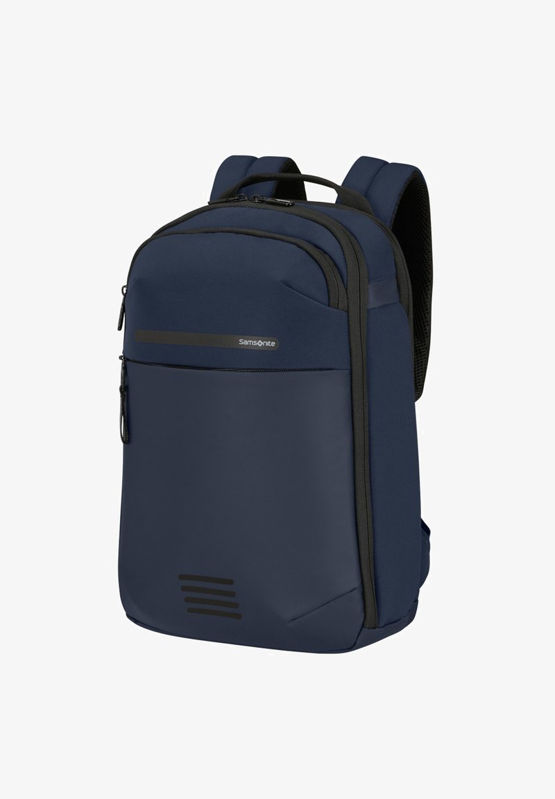 Zaino Samsonite blu con una texture liscia, tasca frontale con zip, spallacci regolabili e imbottiti, e dettagli di ventilazione discreti sulla parte inferiore.