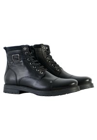 Bottines en cuir noir avec une finition lisse, bout rond, descente à lacets à l'avant, fermeture éclair, et des accents en daim contrastants près du col.