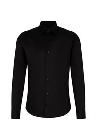 Zwarte langemouwen shirt van gladde stof, met een klassieke kraag, een voorpaspel met zwarte knopen en rechte manchet.