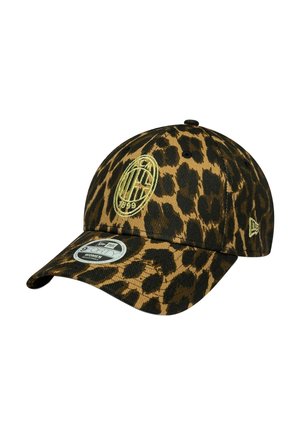 Leopard print baseball cap with Milan AC logo embroidered in yellow on front and adjustable strap, labeled for women.