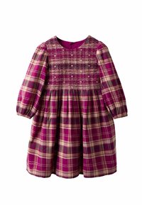 Rochie cu mâneci lungi, în carouri violete, cu corset elastic, broderie cu stele aurii, fustă pliată și manșete elastice.