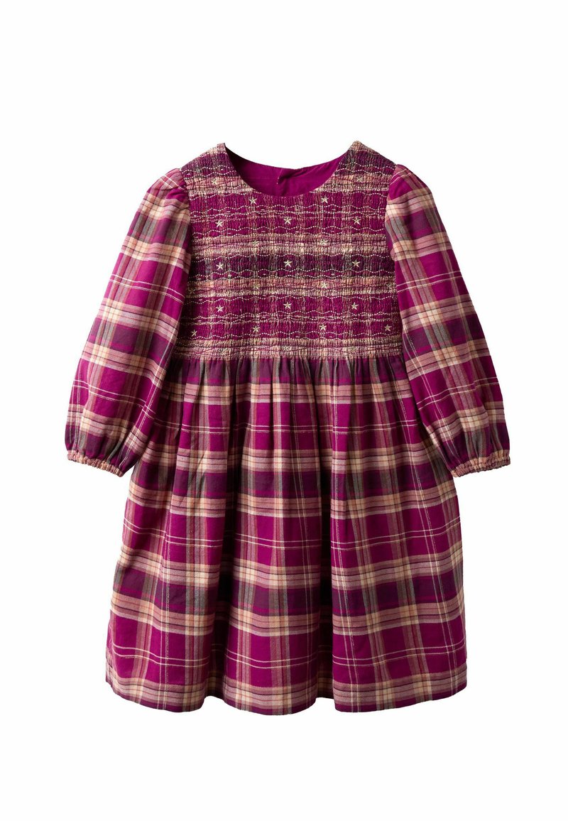 Rochie cu mâneci lungi, în carouri violete, cu corset elastic, broderie cu stele aurii, fustă pliată și manșete elastice.