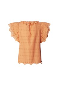 Top color pesca con maniche arricciate, tessuto a trama con motivi floreali e orlo scallop. Design traspirante e leggero.