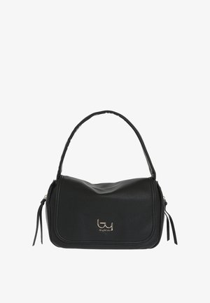 Borsa a mano in pelle nera con un design strutturato, una singola maniglia superiore e finiture in oro. Presenta un logo e frange laterali.