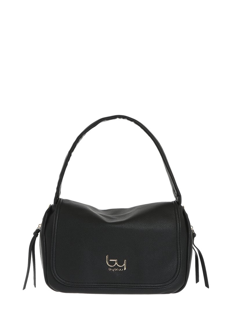 Borsa a mano in pelle nera con un design strutturato, una singola maniglia superiore e finiture in oro. Presenta un logo e frange laterali.