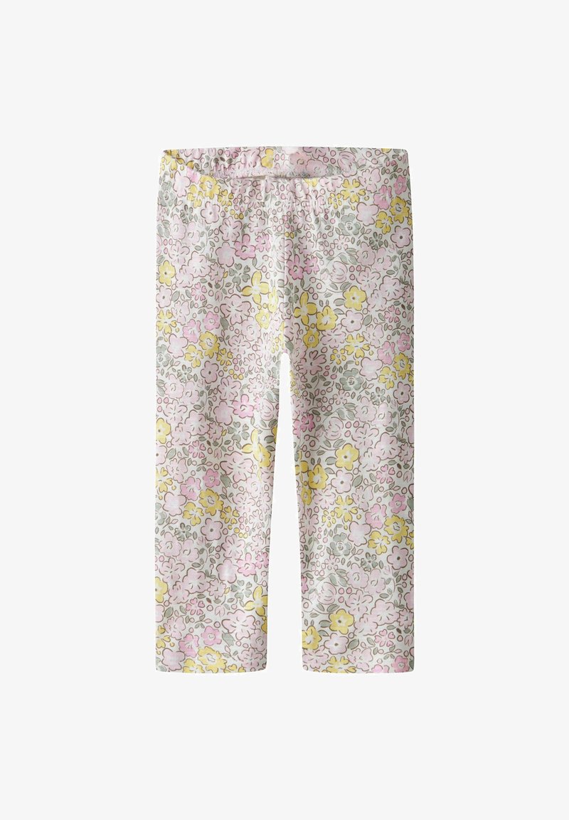 Květinové legíny s pastelově růžovým, žlutým a šedým vzorem. Elastický pas a měkká tkanina. Úzký střih s délkou do poloviny lýtek.
