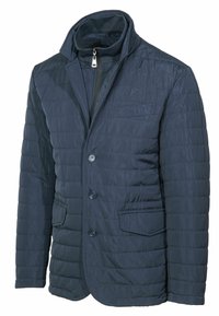 Giacca trapuntata blu navy con colletto a punta, chiusura zip e due tasche frontali. Presenta bottoni e un design strutturato.