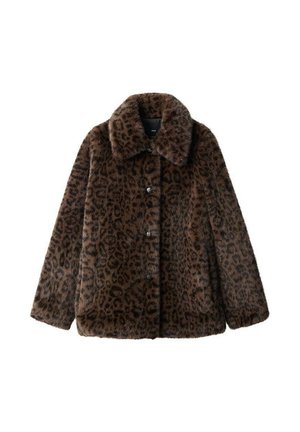 Veste en fausse fourrure marron avec imprimé léopard noir, boutonnée sur le devant, manches longues et large col.