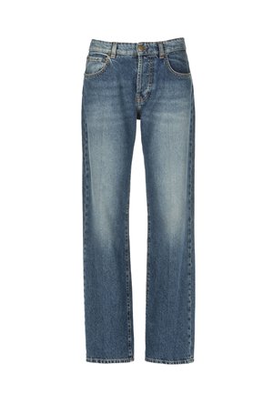 Lysblå denimjeans med lige ben, der har en knaplukning, fem lommer og diskret falming på benene.