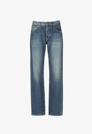 Lysblå denimjeans med lige ben, der har en knaplukning, fem lommer og diskret falming på benene.
