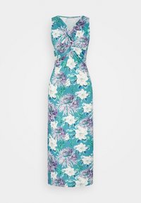 Vestido maxi floral em teal, com flores roxas e brancas. Sem mangas, com detalhe torcido no corpete, feito de um tecido leve e suave.