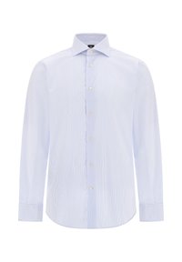 Lichtblauwe shirt met dunne, verticale witte strepen, een klassieke kraag, lange mouwen en een knoopsluiting aan de voorkant met lichtgele knopen.