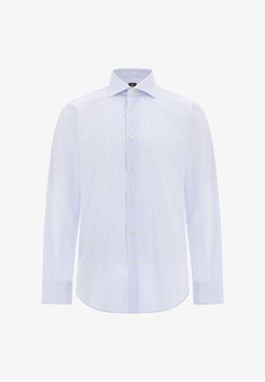 Lyseblå skjorte med tynde, lodrette hvide striber, klassisk krave, lange ærmer og knaplukning foran med blege gule knapper.