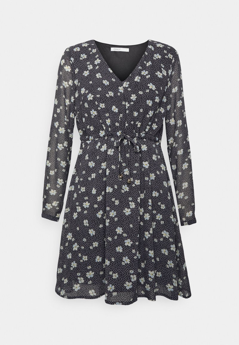 Vestido com padrão floral em azul marinho, com mangas longas, decote em V, cintura ajustada e tecido leve com flores brancas e azul claro.