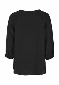 Svart, lätt blus med rund halsringning, trekvartslånga raglanärmar och rynkade manschetter med en lätt texturerad yta.