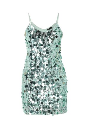 Rochie verde mentă cu paiete și bretele subțiri, acoperită cu paiete rotunde reflectorizante, având o siluetă ajustată și un decolteu rotund.
