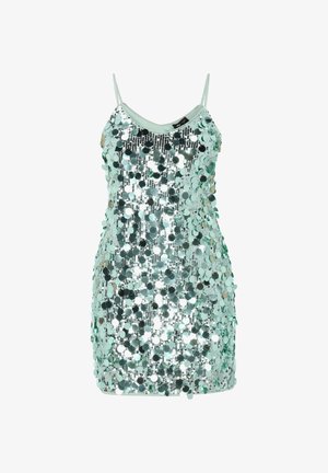 Mentaszöld flitteres ruha vékony pántokkal, amelyet tükröződő, kör alakú flitterek borítanak, alakra szabott sziluettel és kerek nyakkivágással.