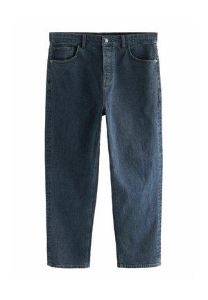 Dunkelblaue Jeans aus Denim mit geradem Bein. Sie verfügen über einen klassischen Fünf-Taschen-Stil, einen Knopfverschluss und kontrastierende Nähte.