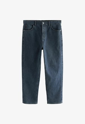 Dark blue denim jeans with a straight leg design. They feature a classic five-pocket style, button closure, and contrasting thread stitching.