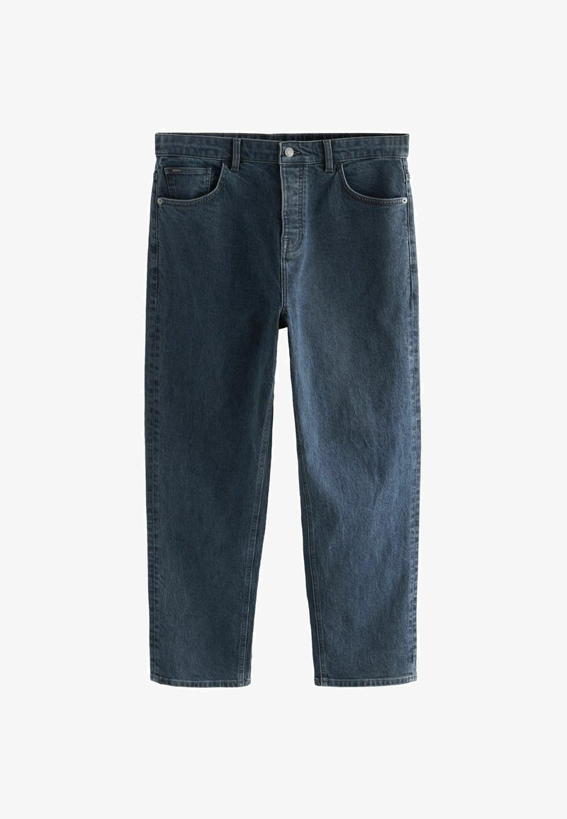 Tumed sinise värvi teksapüksid otsejoonega. Neil on klassikaline viie tasku stiil, nööbkinnitus ja kontrastsete niitide õmblused.