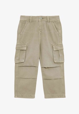Beige cargo pants with two side pockets and two front pockets. Made from cotton fabric, featuring a button closure and straight leg design.