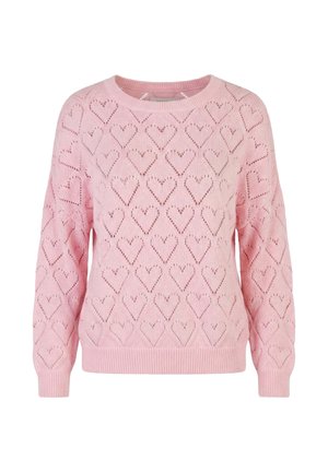 Jasnoróżowy sweter dziany z długimi rękawami, okrągłym dekoltem i powtarzającym się wzorem otworów w kształcie serca.