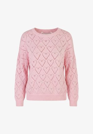 Hellrosa gestrickter Pullover mit langen Ärmeln, Rundhalsausschnitt und einem sich wiederholenden Muster aus herzförmigen Stricklöchern.