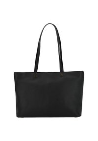 Borsa a spalla in pelle nera con superficie strutturata, due manici lunghi e due dettagli in bronzo. Design con apertura superiore, forma rettangolare.