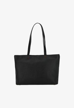 Schwarze Leder-Tote mit strukturierter Oberfläche, zwei langen Griffen und zwei bronzefarbenen Details. Offenes Oberseiten-Design, rechteckige Form.