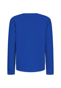 Felpa blu semplice a maniche lunghe con polsini e orlo a coste, mostrata da dietro su uno sfondo bianco.