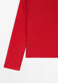 Manica di maglione rosso a maniche lunghe lavorato a maglia e fianco del torso con orlo a coste su sfondo bianco.